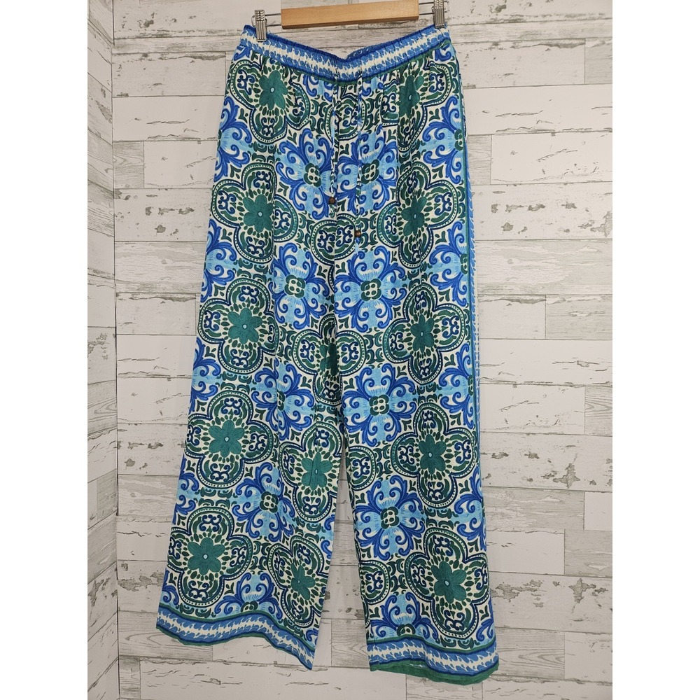 Rachel Zoe Linen Blend Blue Green Medallion Print Wide Leg Pants Women S